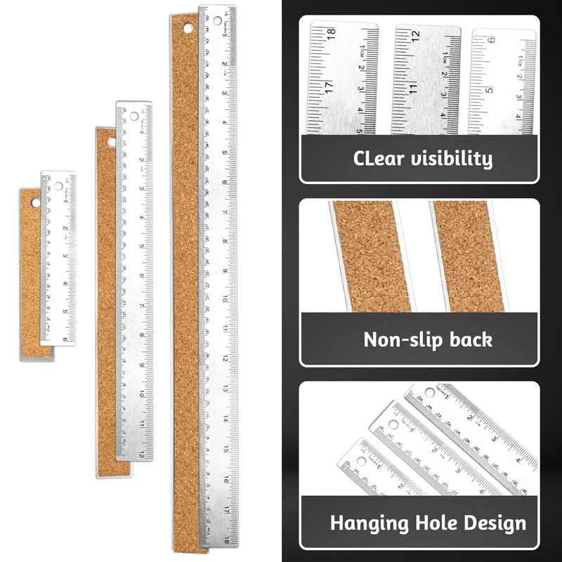 Metal Ruler 3 Pieces Stainless Steel Ruler With Cork Backing Non Slip Straight Edge Metal Ruler For Office School Work