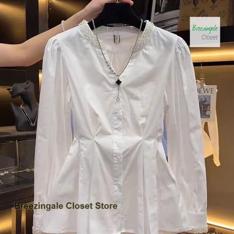 

French temperament fashion beaded V-neck shirt women's summer new Joker heavy industry waist design sense long sleeve top