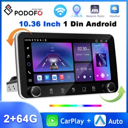 Podofo 10.36'' IPS Touch Screen 1Din Android Car Stereo 2+64G Carplay Android Auto WIFI GPS Navigation FM/RDS 4Core Car Audio
