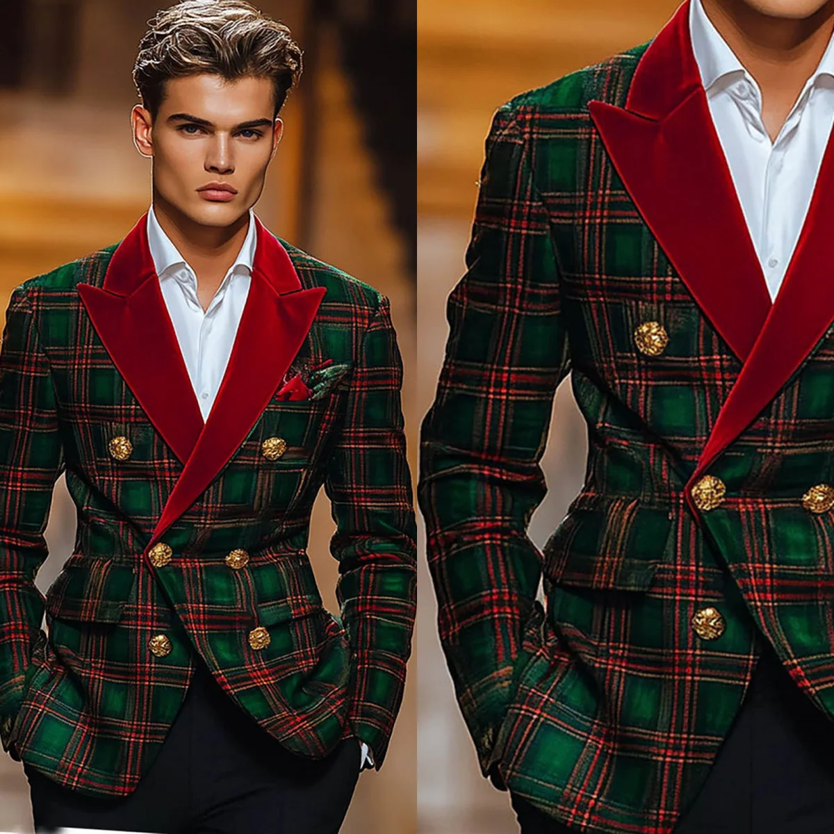 

Fashion Men's Plaid Blazer Double Breasted Peaked Lapel Christmas Occasions Plus Size 2 Pieces Customized Outfits