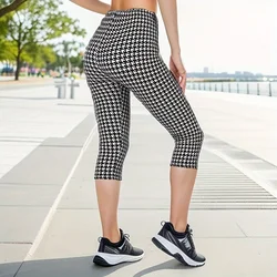 QR25 Canine Tooth Thousand Bird Checker Printed Bottom Pants Capris Fitness Sports Elastic Short Legged Tight Pants