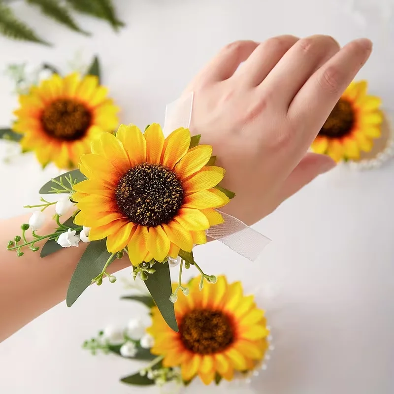 

1/2 шт. свадебный корсаж ручной работы с подсолнухом, цветок на запястье, свадебный корсаж для подружки невесты и жениха, вечеринка ко Дню святого Валентина