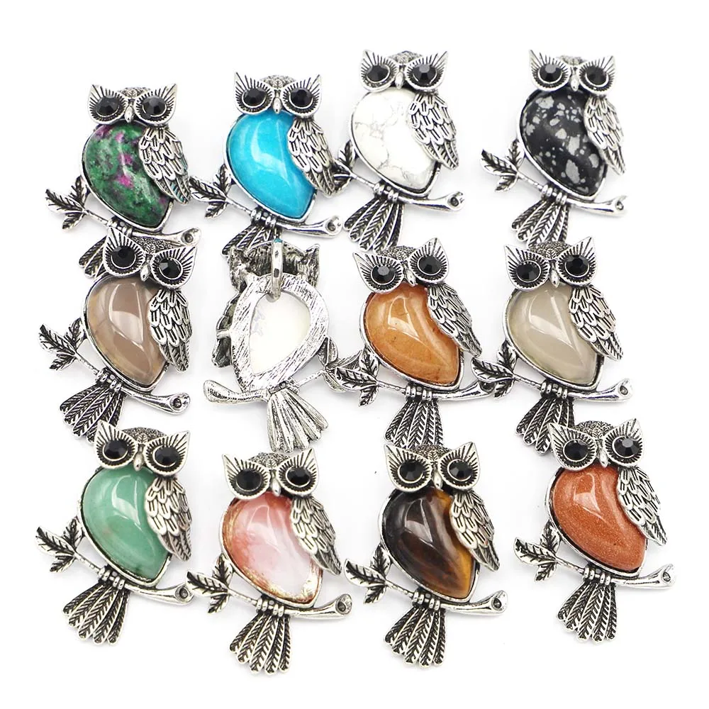 Fashion Natural Stone Vintage Copper Plated Owl Necklace Pendants Cute Onyx Opal For Jewelry Making Wholesale 8Pcs Free Shipping