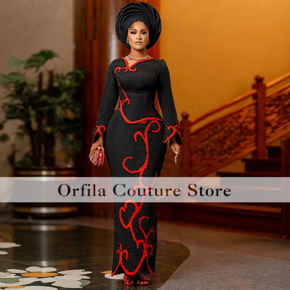 Luxury Aso Ebi Evening Dresses Black Wedding Reception Dress Long Sleeves African Nigerian Prom Gown Customized