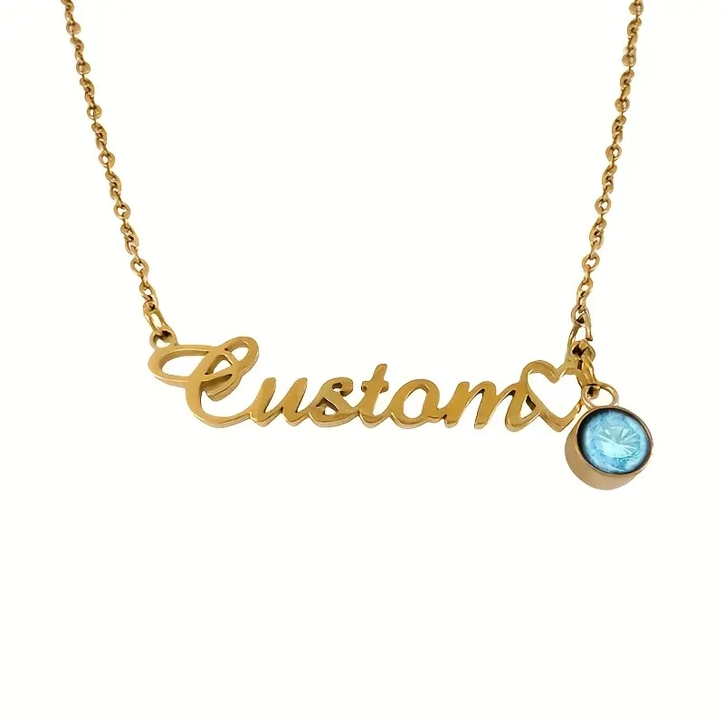 Elegant Custom Name Necklace for Women, 18K Golden Plated Stainless Steel with Synthetic December Birthstone Personalized Letter