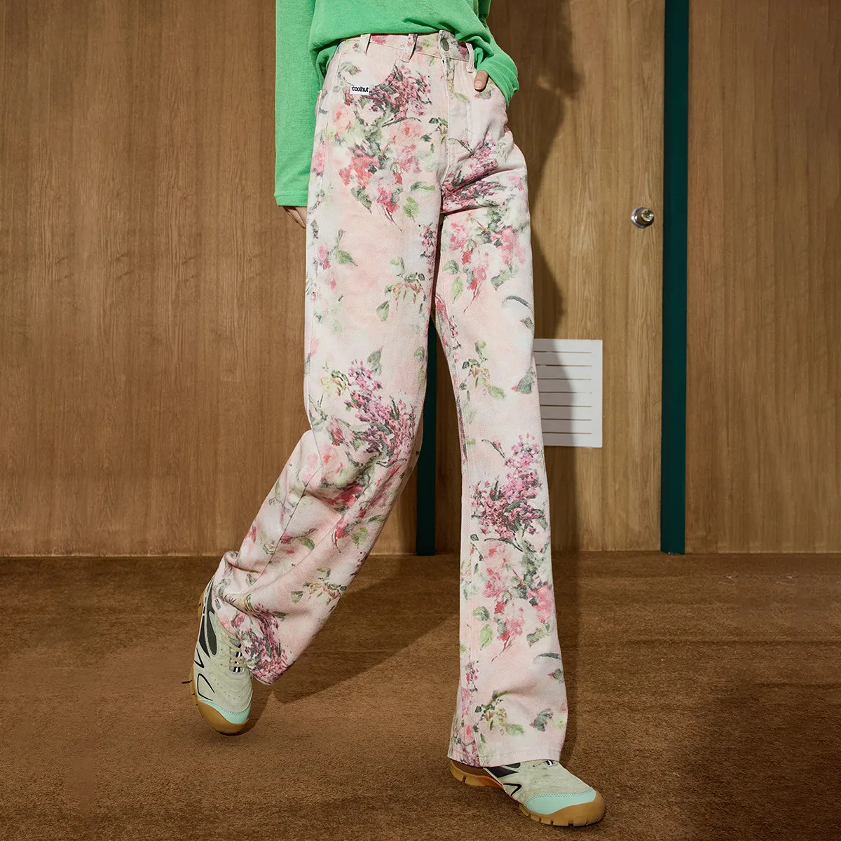 Coolhut 2025 floral impressão jeans feminino outono cintura alta calças de perna larga oriental tinta lavagem denim calças artísticas corte reto