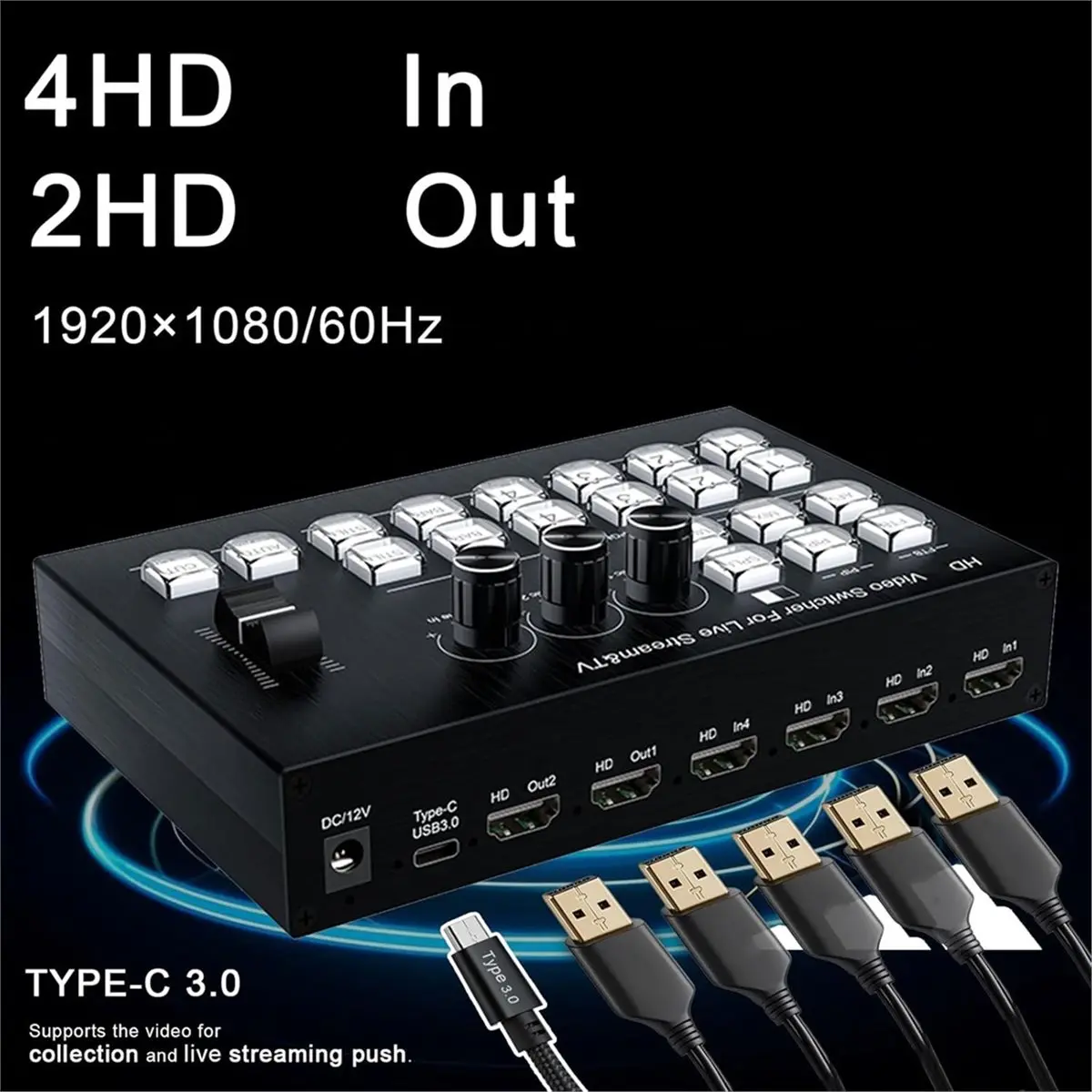Live Streaming Video Mixer,4 4 Channel Input/2 Output Video Switcher, Support 1080P,HDCP 1.4, Audio Mixer B US Plug