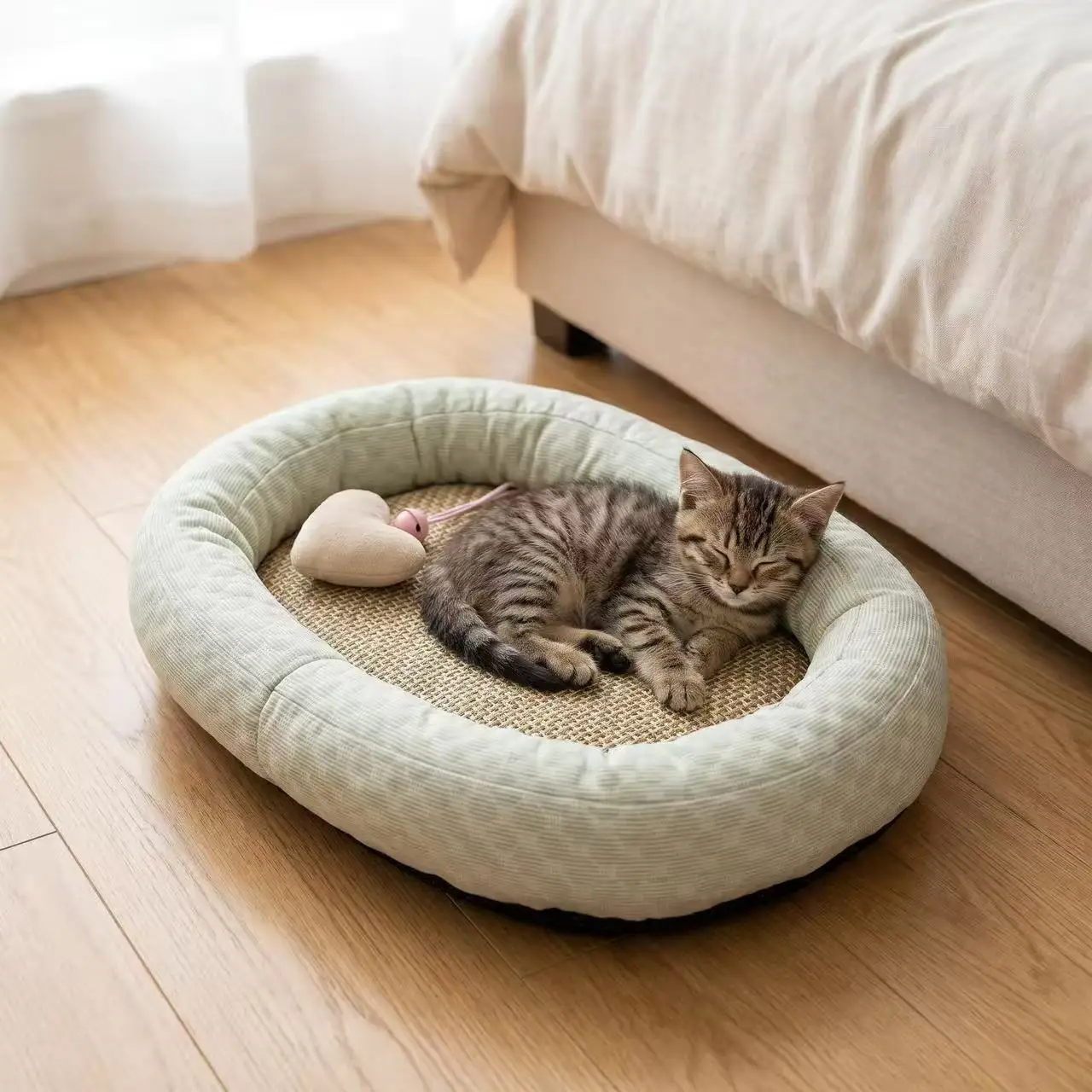 Cama refrescante corazón de seda fría lavable para gatos, extraíble