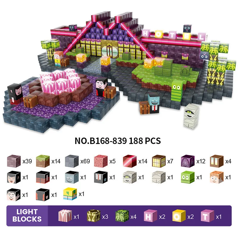 Elf Hotel Modello architettonico Blocchi magnetici con luci Giocattoli fai da te Regalo per bambini