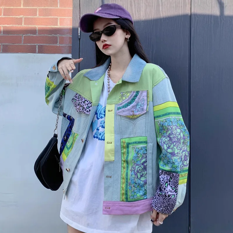 Print gesplitste denim jassen damesjas enkele rij knopen jas met lange mouwen kraagvorm bovenkleding zakken high street