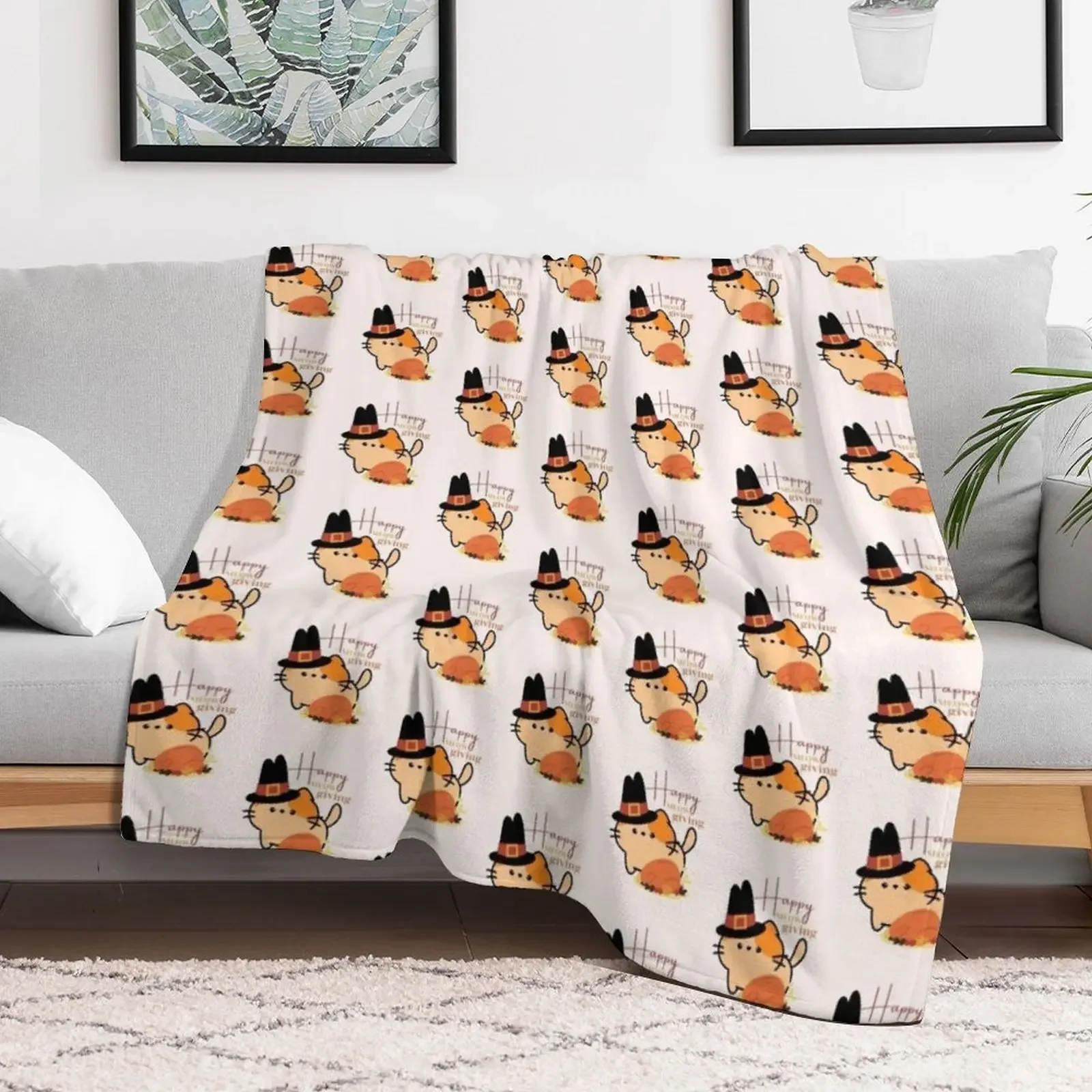Happy Meowgiving Cute Cat with Pilgrim Hat and Turkey Throw Blanket Stylish Warm Blanket for Living Room Bedroom