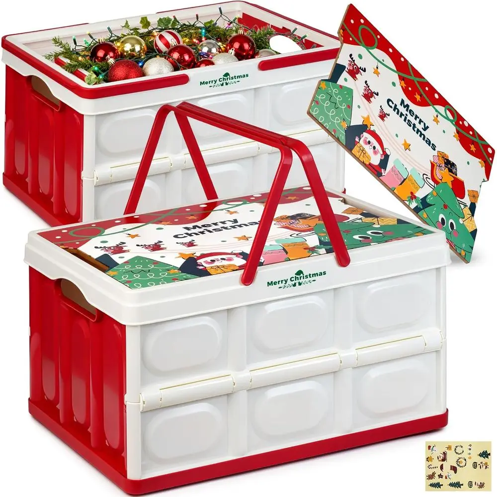 

Set of 2 50L Christmas Storage Boxes with Folding Design, Wooden Lid and Handles, DIY Stickers, Versatile Wooden Top for Decor,