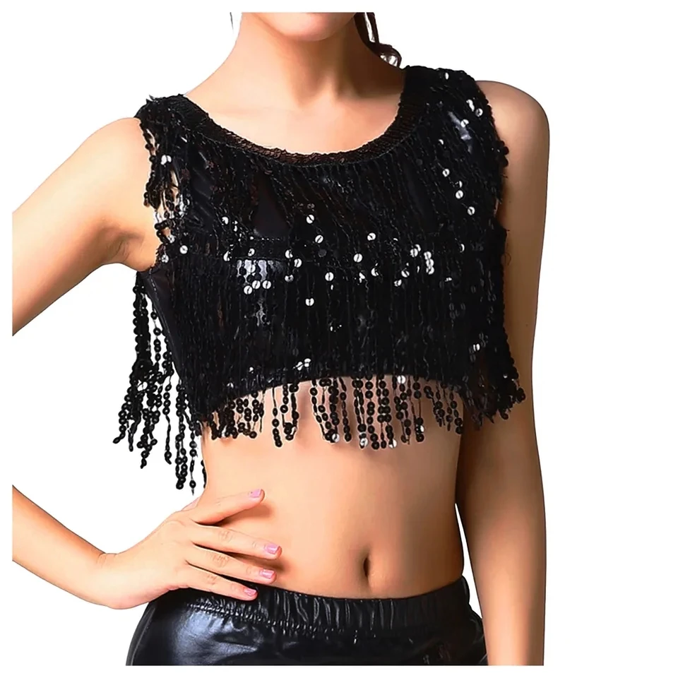Womens Belly Dance Tops Sequins Tassel Sleeveless Crop Top Boho Festival Bellydance Latin Jazz Dancing Stage Performance Costume