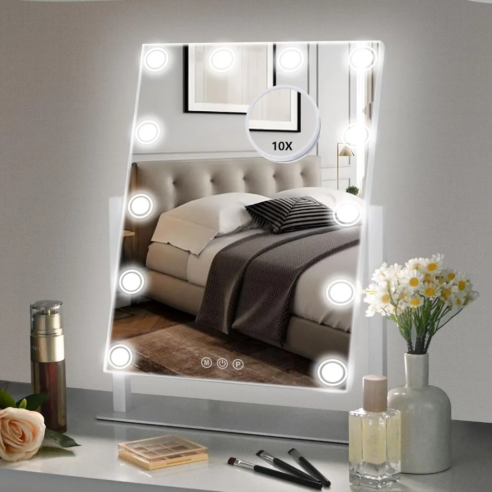 

Lighted Makeup Mirror, 17"x 14" Vanity Mirror with 12 LED Bulbs, 3 Color Lights, and Detachable 10X Magnification