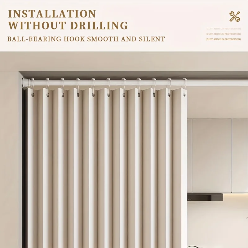 Magnetic No Drill Door Curtain Folding Privacy Screen Beige Windproof Insulated Polyester Room Divider Machine Washable for Home