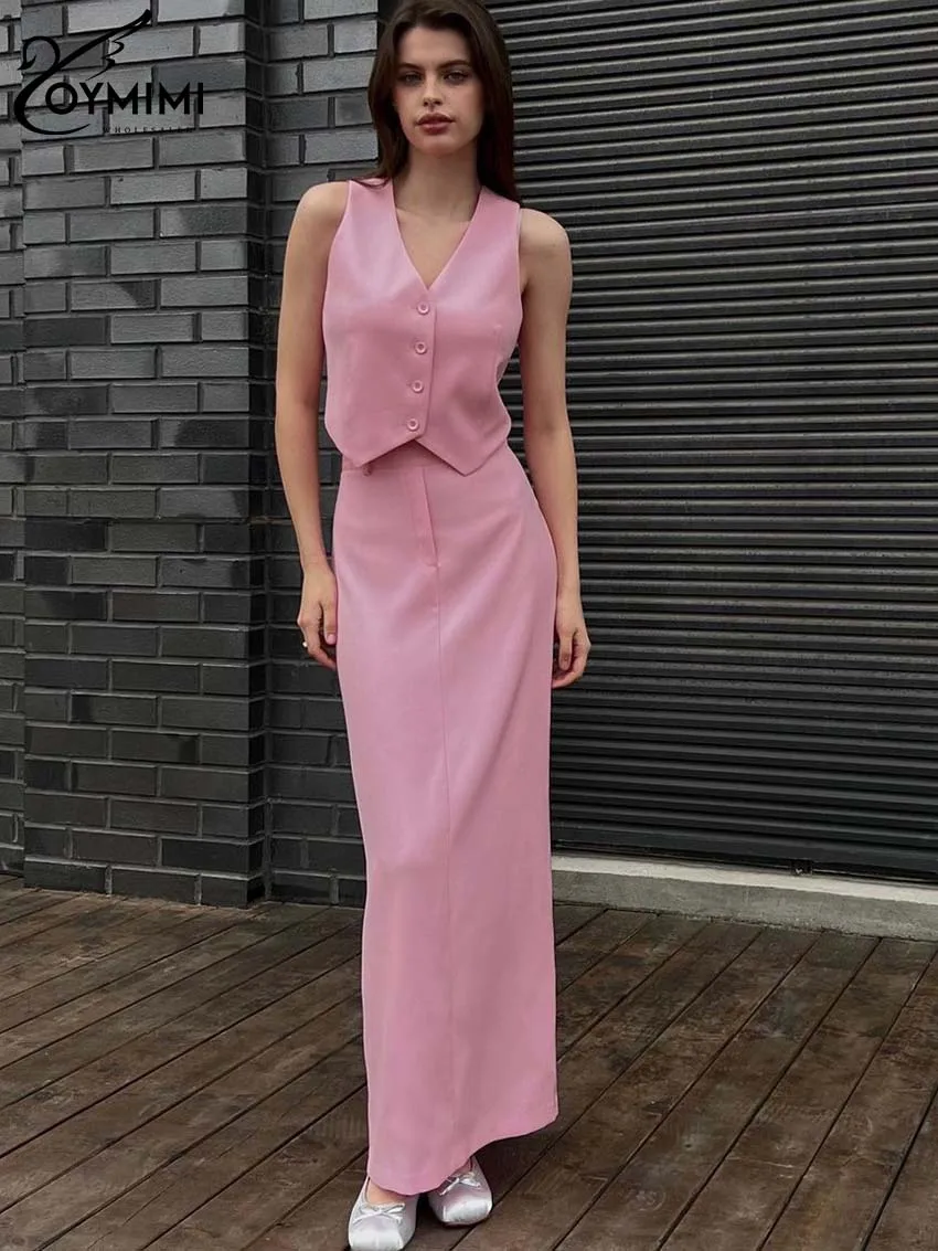 Oymimi Elegant Pink 2 Piece Sets Women Outfit Fashion V-Neck Sleeveless Button Tank Tops And High Waisted Simple Skirts Sets