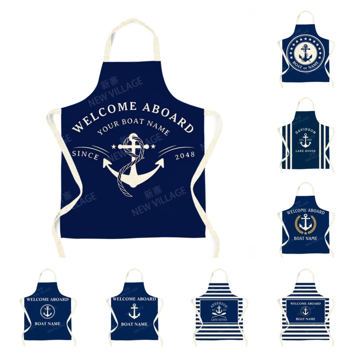 Custom Linen Apron Nautical Anchor Design Personalized Boat Name Adjustable Kitchen Apron for Cooking and Baking Durable Fabric