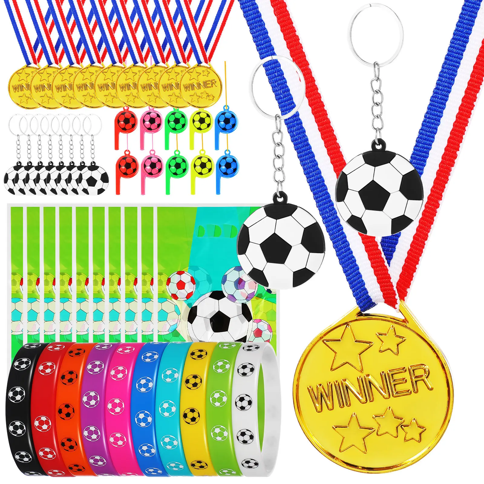

1Set Soccer Party Supplies Bundle Soccer Key Ring Wrist Bands Stickers Sports Medal Pendant for Theme Parties Bag Stuffing