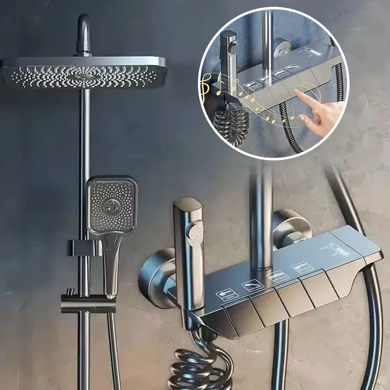 

Luxury Gunmetal Piano Button Shower System with Digital Display for Constant Temperature High Pressure Performance