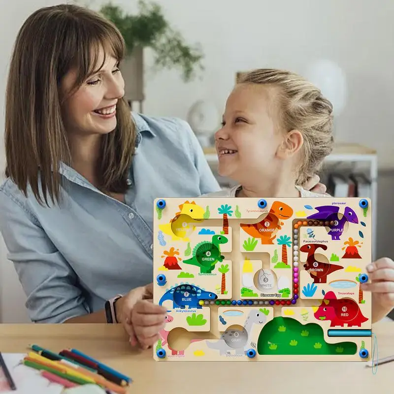 Magnetic Bead Maze Toy Dinosaur Wooden Color Matching Maze Board English Words Design Number Counting Desktop Game For Boys