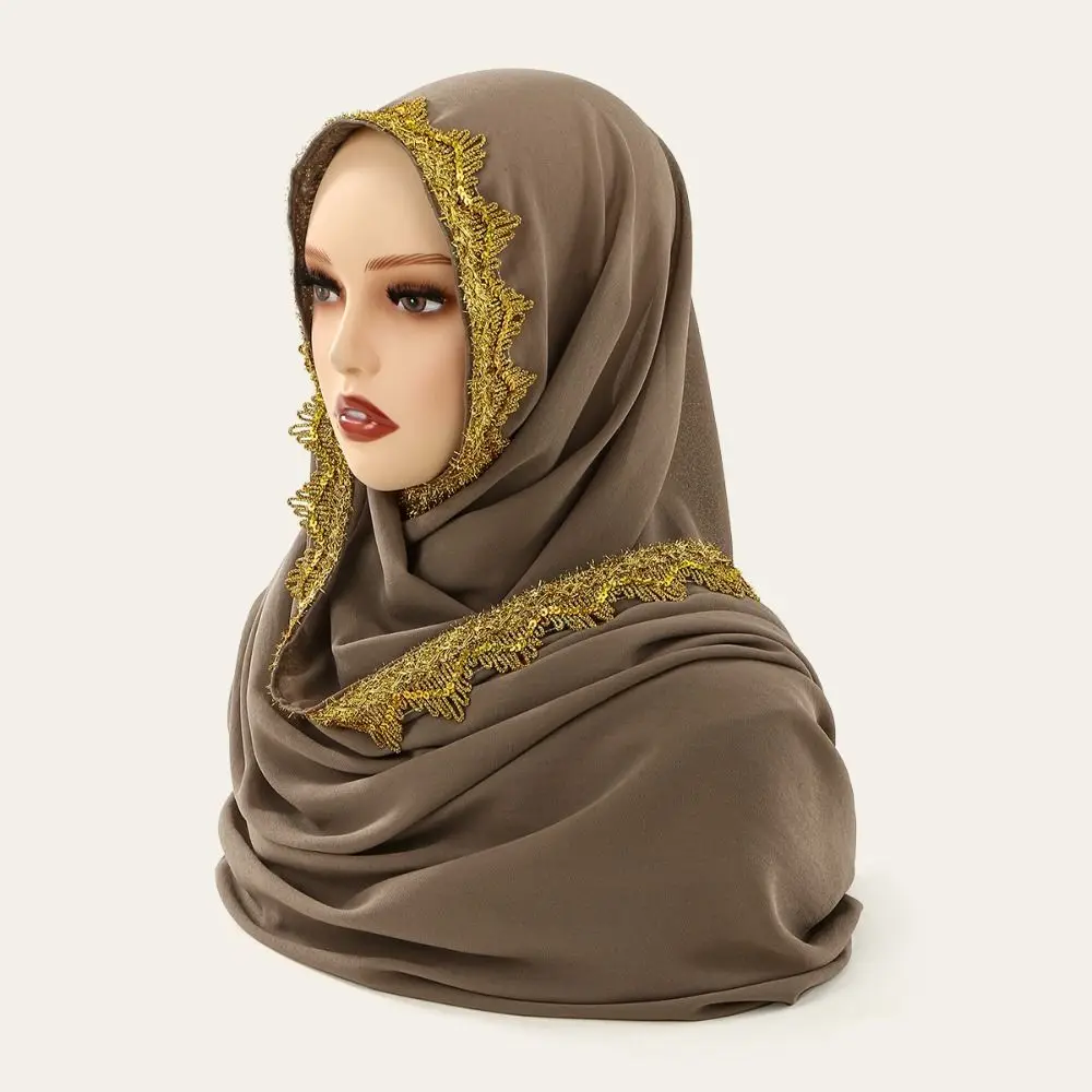 

Luxury Silk Chiffon Hijab Scarf Gold Long Sequin Wraps Shawl Thin Ethnic Style Women Headscarf Beach