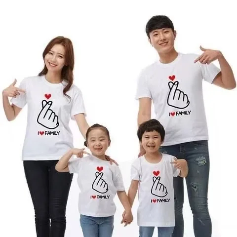 Family Matching T‑Shirts 4PCS Set I Love Family Finger Heart Print Summer Short Sleeve Tees Mom Dad Kids Family Look Outfit Tops