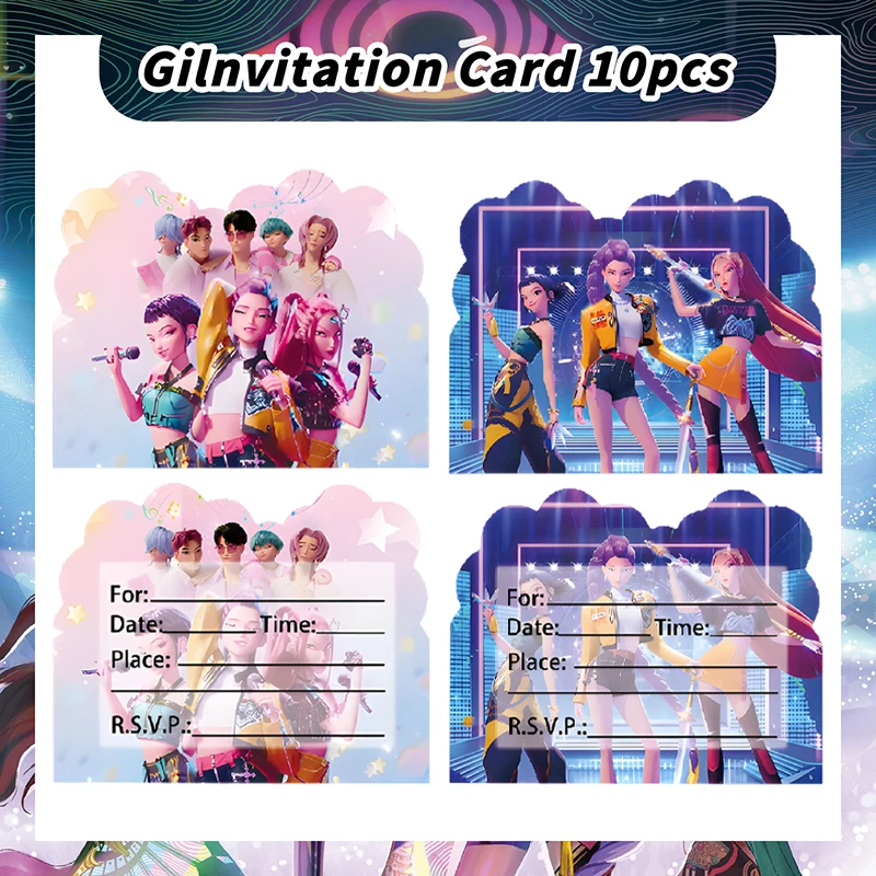 

10PCS KPOP Invitation Card Girls Paper Cartoon Greeting Cards For Kids Birthday Party Decoration Message Record Wedding Supply