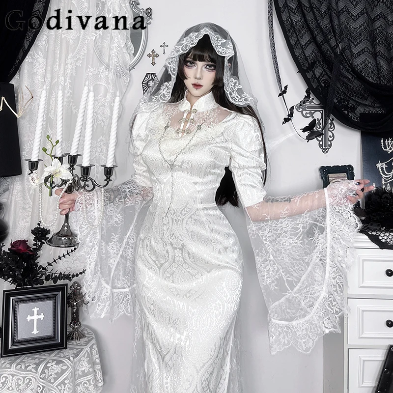 

Subculture Lace Stitching Long Sleeve Dress Female Halloween Gothic Style Lace Dress Women's Embroidery Wedding Dress