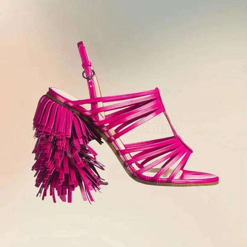 

Rose Red Tassels Heel Open Toe Sandals Buckle Strap Women Shoes Chunky High Heels Party Banquet Dating 2025 Zapatos Para Mujere