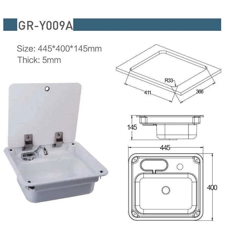 445*400*145mm White Acrylic Sink With Lid Top GR-Y009A Boat Caravan RV Camper lightweight and durable