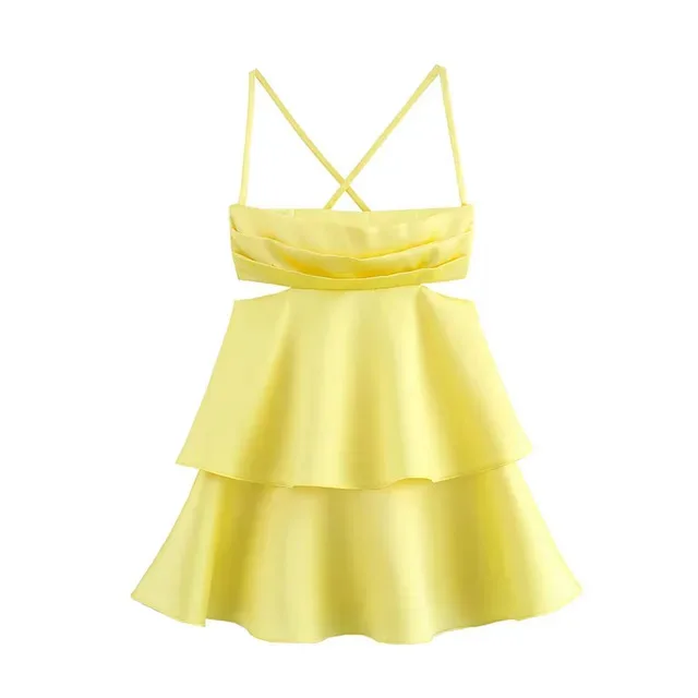 BabYoung Summer Fashion Women Mini Dress Yellow Square Collar Sleeveless Backless Hollow Out Zipper Female Sexy Chic Dresses