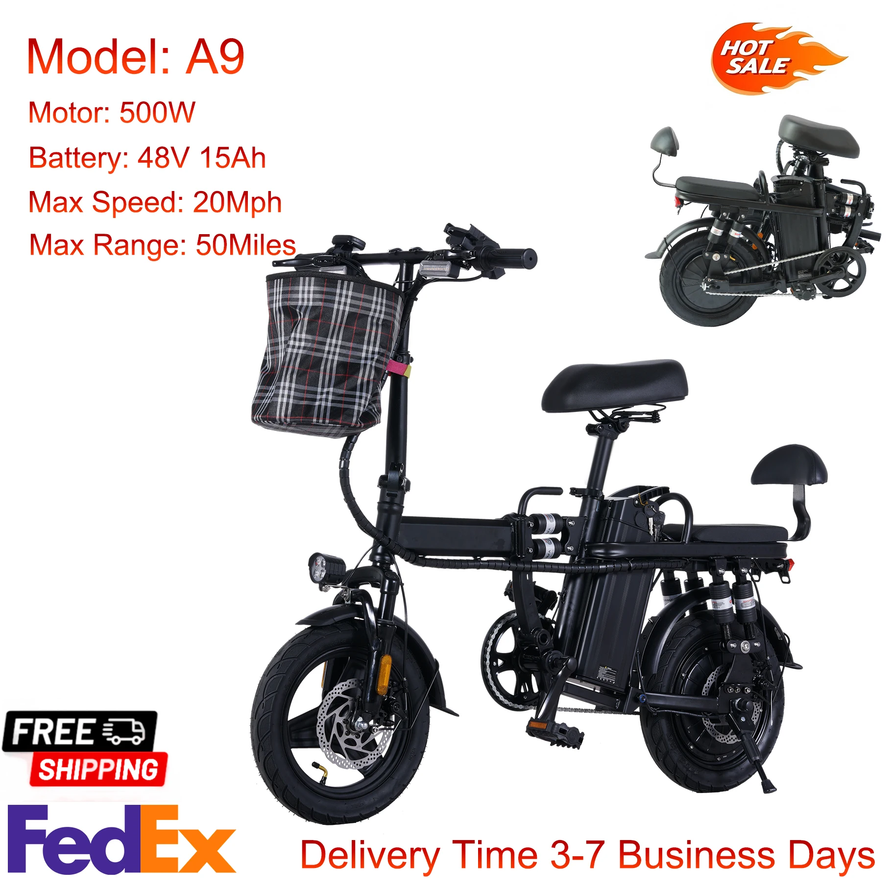 دراجة كهربائية GleeRide A9 بمقعدين، دراجة كهربائية صغيرة قابلة للطي بقدرة 500 وات 14 بوصة، بطارية قابلة للإزالة 48 فولت 15 أمبير في الساعة، طويلة المدى 50 ميلًا 20 ميجا في الساعة