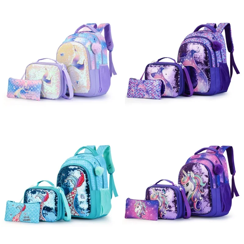 

Unicorn Sequins Backpack 3 Piece Set Large Capacity Backpack With Lunch Bag Pencil Case For Primary School Student'S Backpack