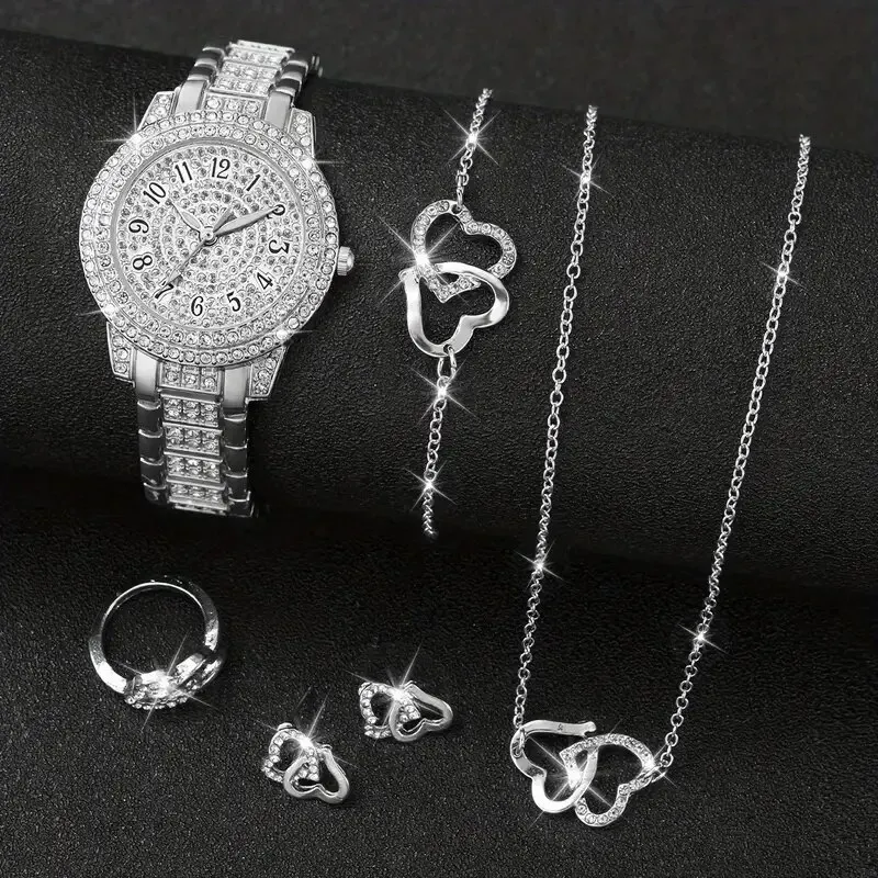 6pcs Ladies Fashion Casual Star Number Full Diamond British Watch White Crystal Love Earrings Necklace Ring Bracelet Gift Set