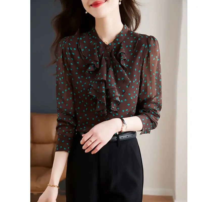 Women French Style Ruffles Floral Printed Shirts Office Lady Elegant Fashion Chiffon Blouses Casual Long Sleeve Loose Tops Blusa