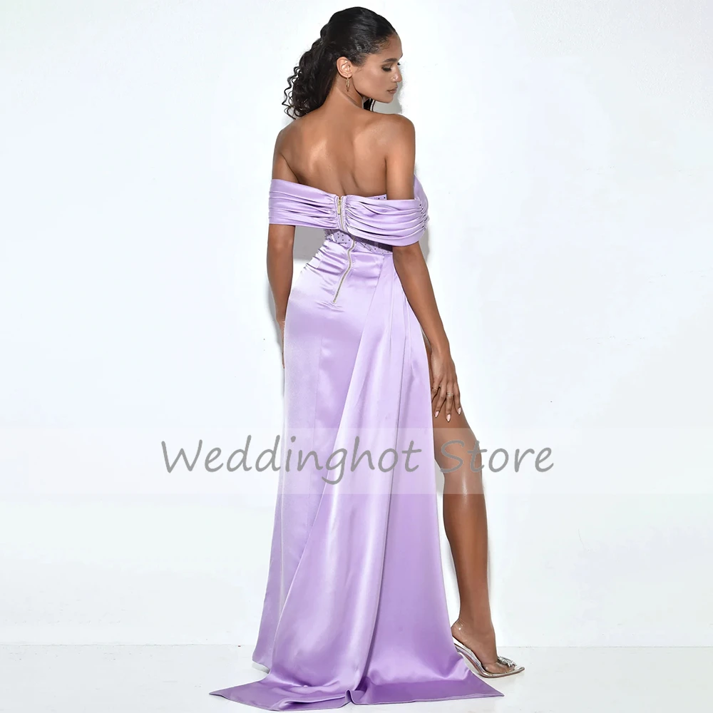 Lavender Evening Dresses Sexy Off the Shoulder High Slit Mermaid Evening Gowns for Women 2023 Satin Draped Crystal Prom Dresses