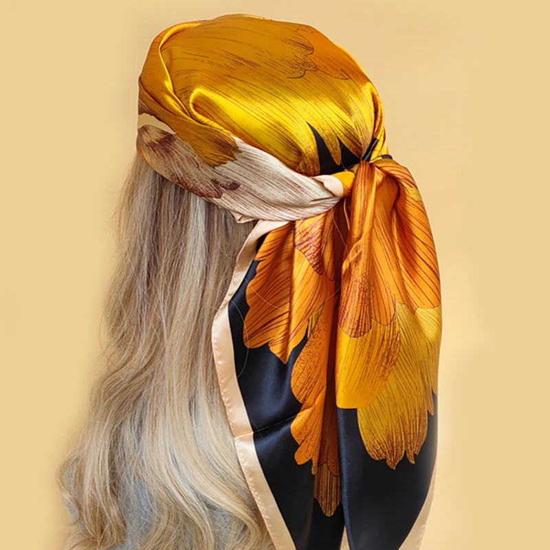 90X90CM Fashion Kerchief Silk Satin Neck Scarf Women Print Hijab Female Square Shawls Wraps office Lady muffler bandanna