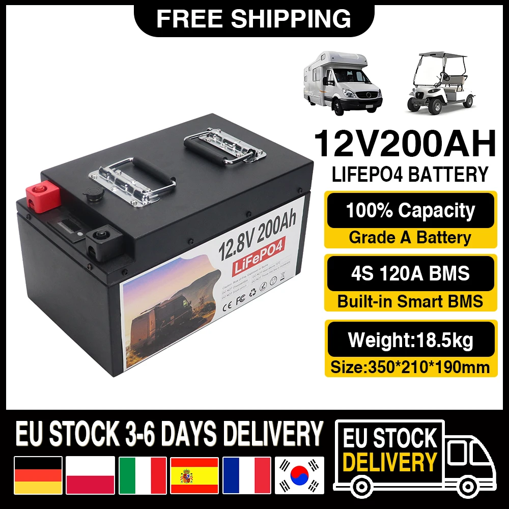 EU stocks New LiFePO4 Deep Cycle Battery 12V 120Ah 200Ah 300Ah Built-in 100A BMS For Golf Carts Marine Trolling Motor Tax Free