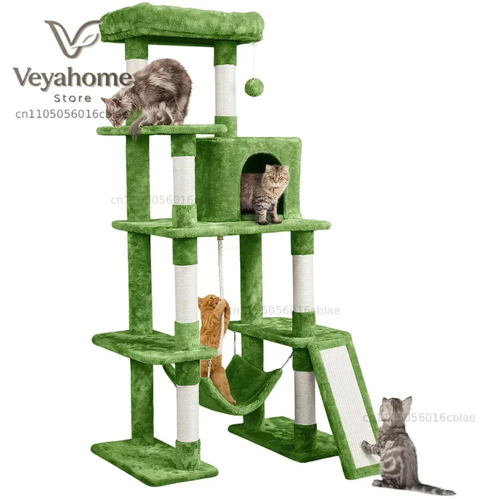 SmileMart 63" H Cat Tree Tower with Hammock and Scratching Posts, Green cat condo