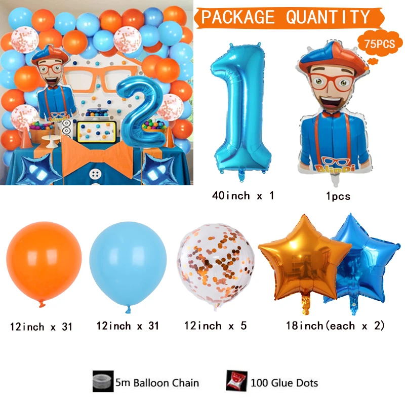 77PCS blue orange latex Balloon Arch Kit Boy Child Blippi Themed Birthday Party Decoration Balloon Gender Reveal Baby Shower