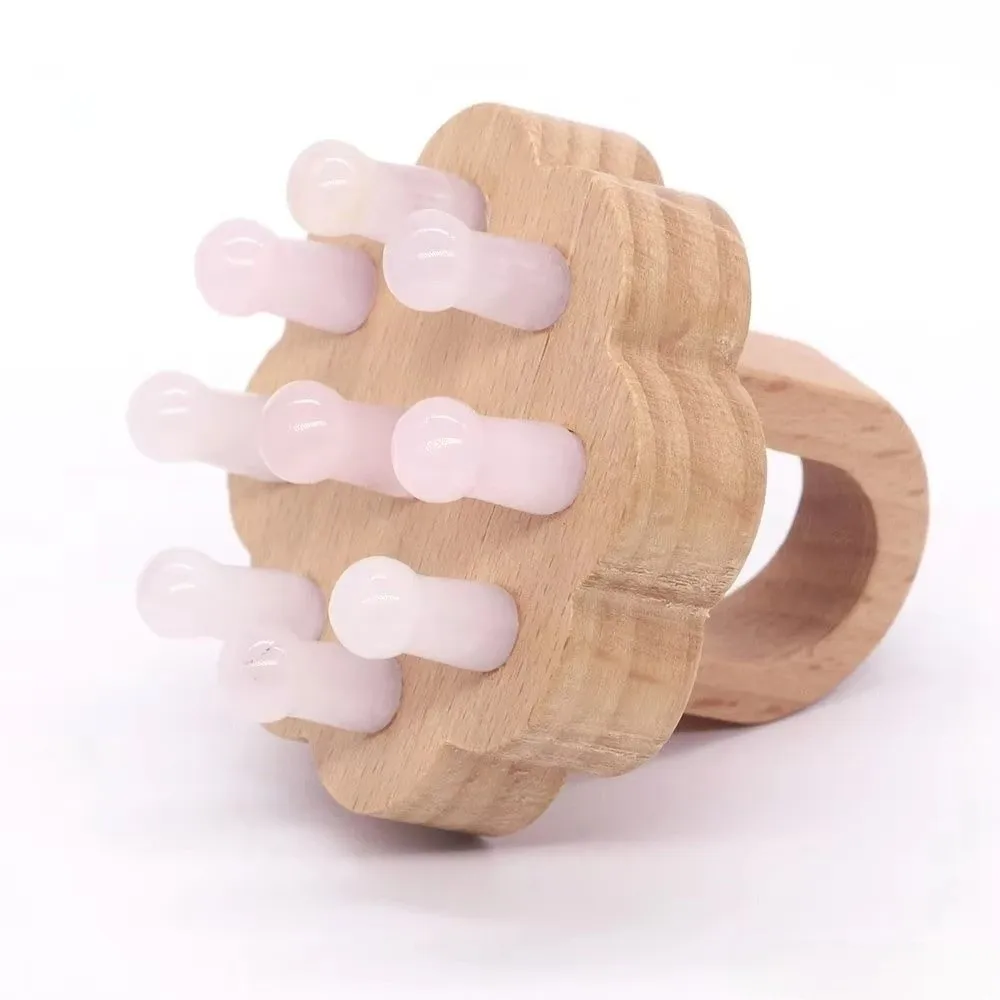 Portable Crystal Stone Scalp Massager Tool Handmade Wood Handle Gua Sha Comb Massage Comb for Relieving Fatigue