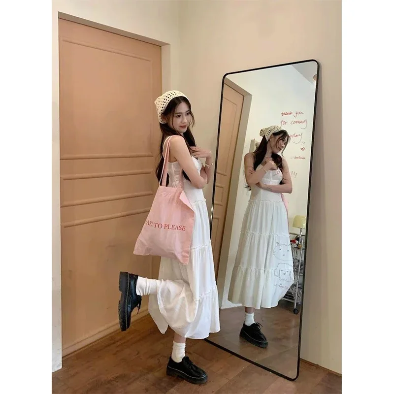 Sweet Pink Maxi Dress Women Vacation White Ruffles One Pieces Long Dresses Summer Sexy Strap Robe Korean Beach Bodycon Vestidos