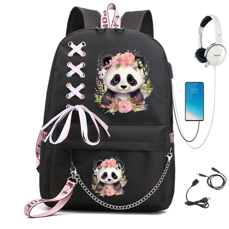 Tas ransel sekolah modis untuk anak perempuan, tas punggung perjalanan motif bunga Panda lucu, tas buku Usb