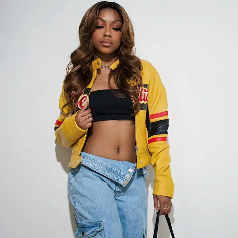 가을 겨울 스트리트 스타일 여성용 자수 슬림핏 배꼽 노출 컬러 블록 자켓 핫걸 아우터웨어 탑