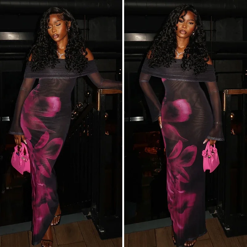 Abito lungo aderente a maniche lunghe con spalle scoperte sexy Abito da donna elegante da night club con stampa floreale Slash Neck Mesh Sheer Abiti da festa