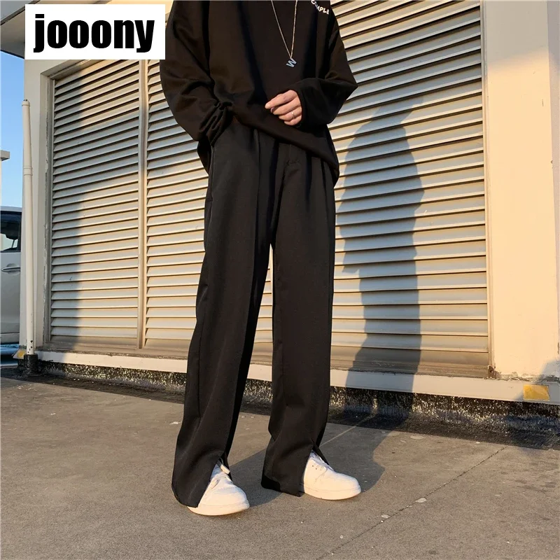 ربيع صيف جديد بلون عادية سبليت Pantssuit بنطال ذو قصة أرجل واسعة رجالي ترهل مستقيم أنبوب السراويل فضفاضة بسيطة التنقل الرياح
