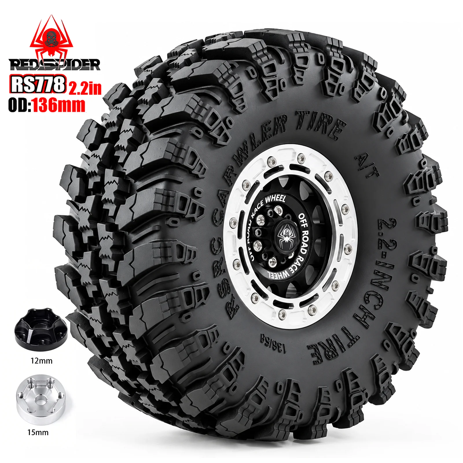 RedSpider 4Pcs 2.2" 136mm Pre-mounted RC Crawler Wheel Tire Set, Dual 12mm 15mm Hex Hubs for 1:10 Wraith RR10 TRX6 Upgrade