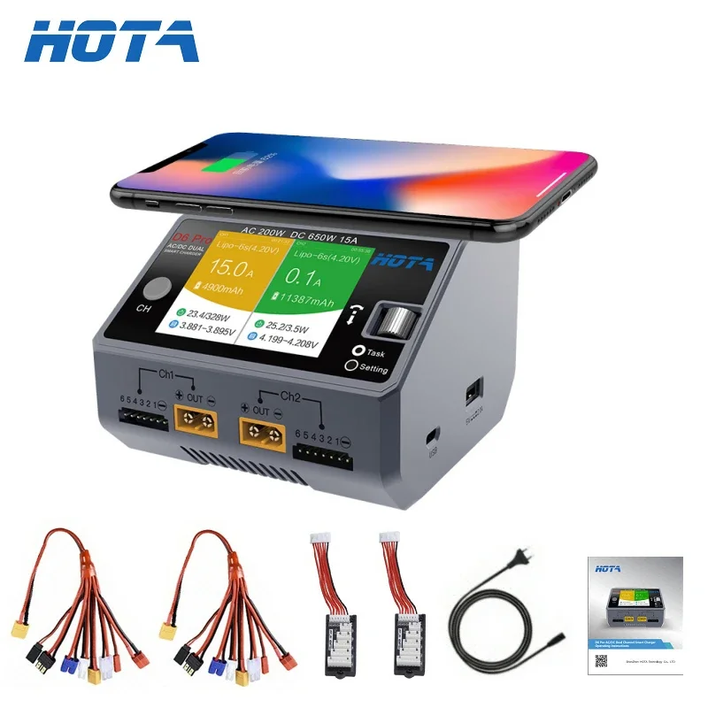 Hota D6 Dual/Pro Smart Charger AC 200w DC 650w 15a for Lipo Liion Nimh Battery with Iphone Samsung Wireless Charging