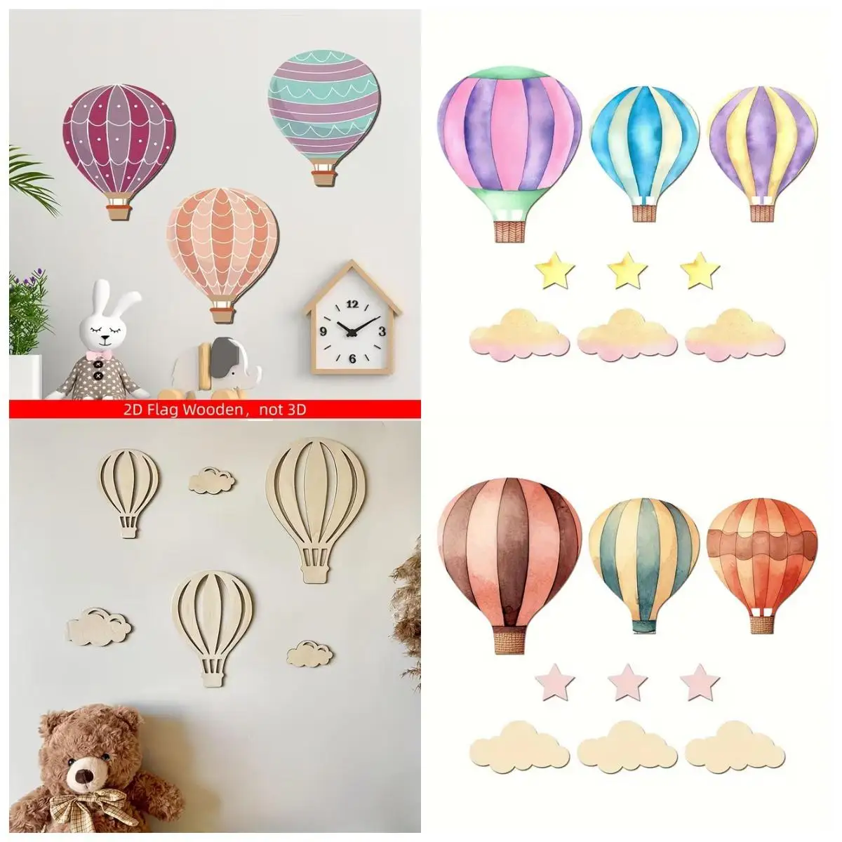 colorful cartoon Hot Air balloon Wooden Wall Decor. Nano Tape Included, No Drilling Needed for Kids Nursery Decoration.