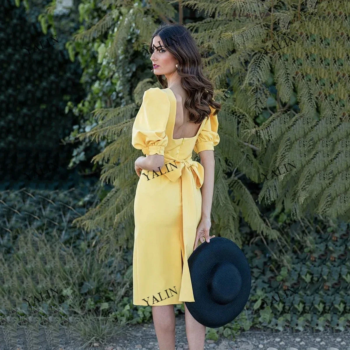 Yalin formale Midi-Länge Cocktail-Party kleider mit Knopf Schleife Scheide Puff ärmel Prom Yellow Jersey Heimkehr kleider